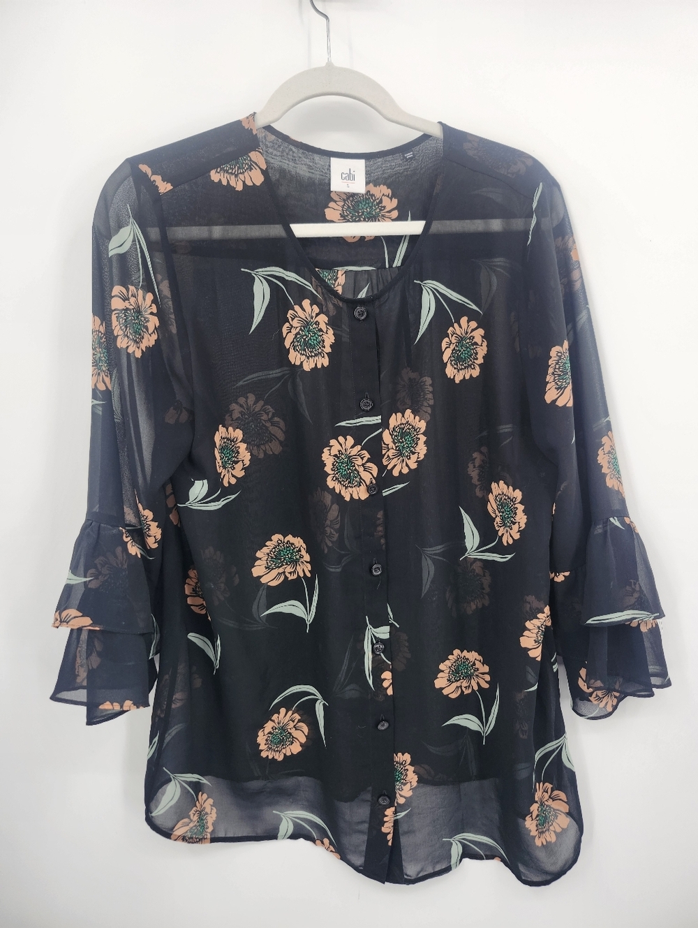 CAbi Button Front Floral Blouse Top Ruffle Sleeve Sheer Black Womens Sz L